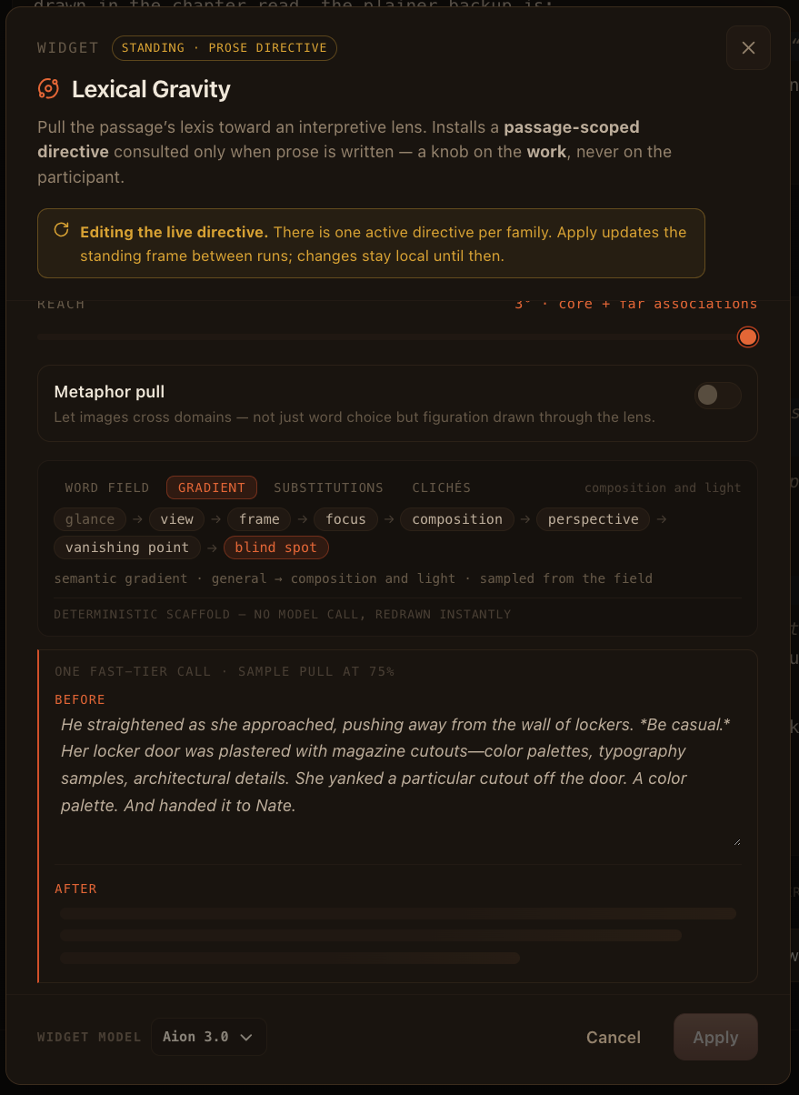 Lexical Gravity widget: semantic gradient scaffold and before/after sample pull at 75%