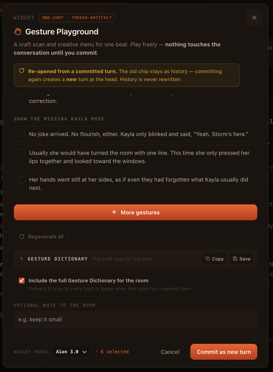 Commit view: more gestures, regenerate all, and the full Gesture Dictionary shared to the room