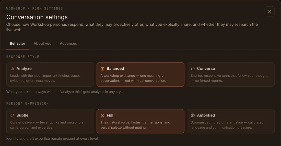 Conversation settings: response style and persona expression options