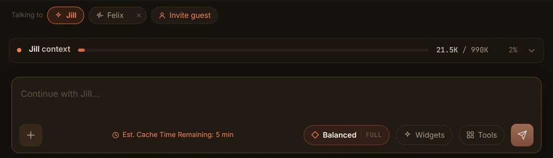 The composer with Est. Cache Time Remaining, the context bar, and Jill and Felix in the Talking to rail