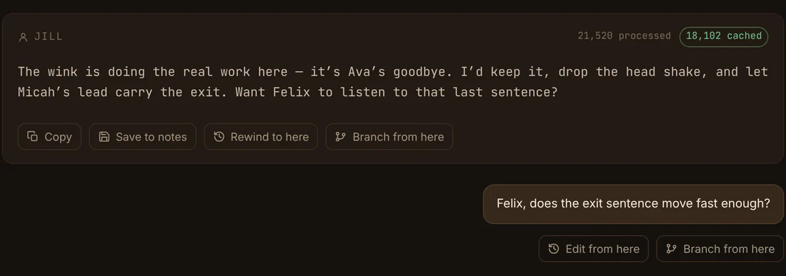 A reply with Rewind to here and Branch from here, above a writer message with Edit from here