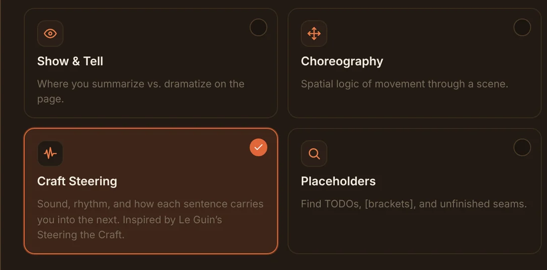 The Workshop Tools picker with Craft Steering selected beside Show & Tell, Choreography, Stock & Signature, and Placeholders