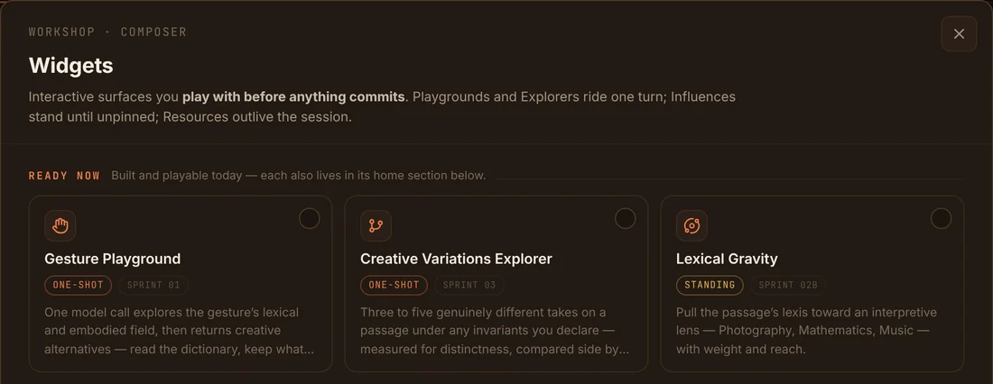 The Widgets browser, showing the three widgets that are ready now